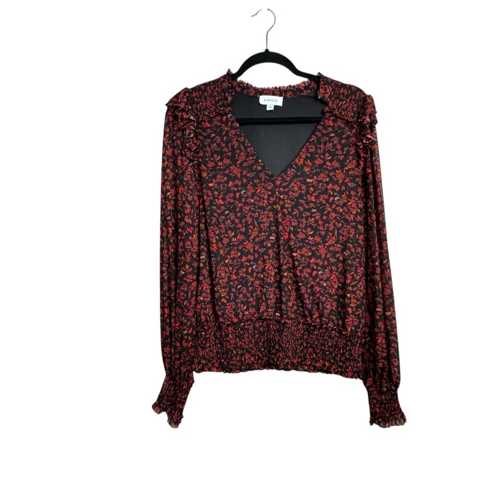 Evereve Koda Floral Smocked Collar V Neck Long Sleeve Mesh Blouse Size L L30